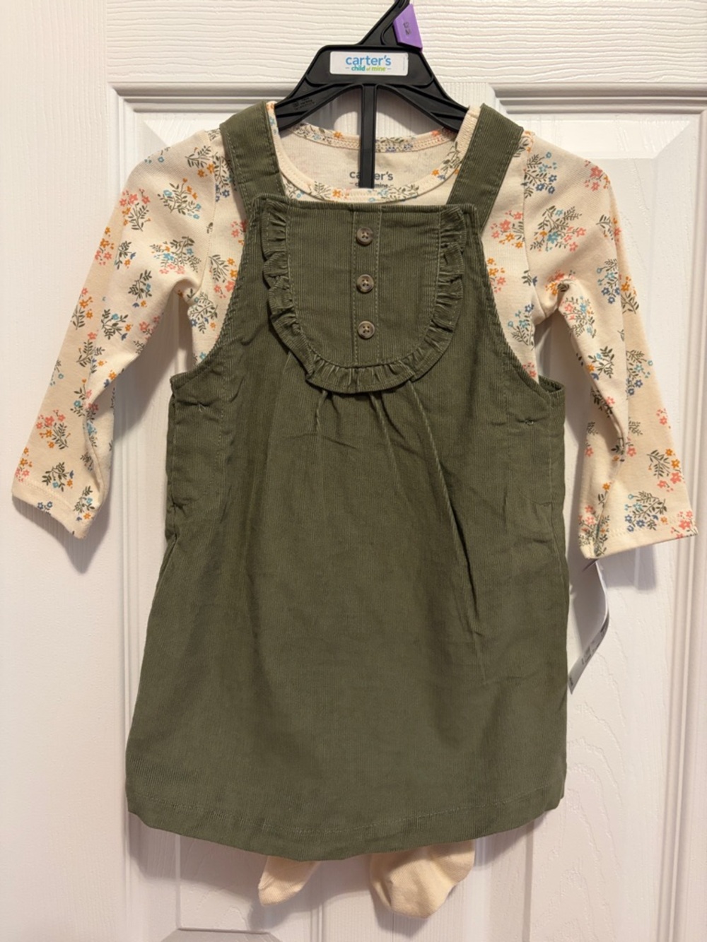 Carter's Olive Green Corduroy Pinafore with Cream Floral Tee